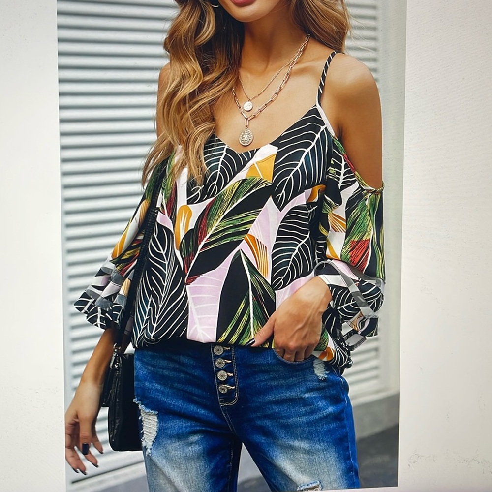 Leaf Print Cold Shoulder Flare Sleeve Top Shirt Blouse Plus Size 2X 2XL